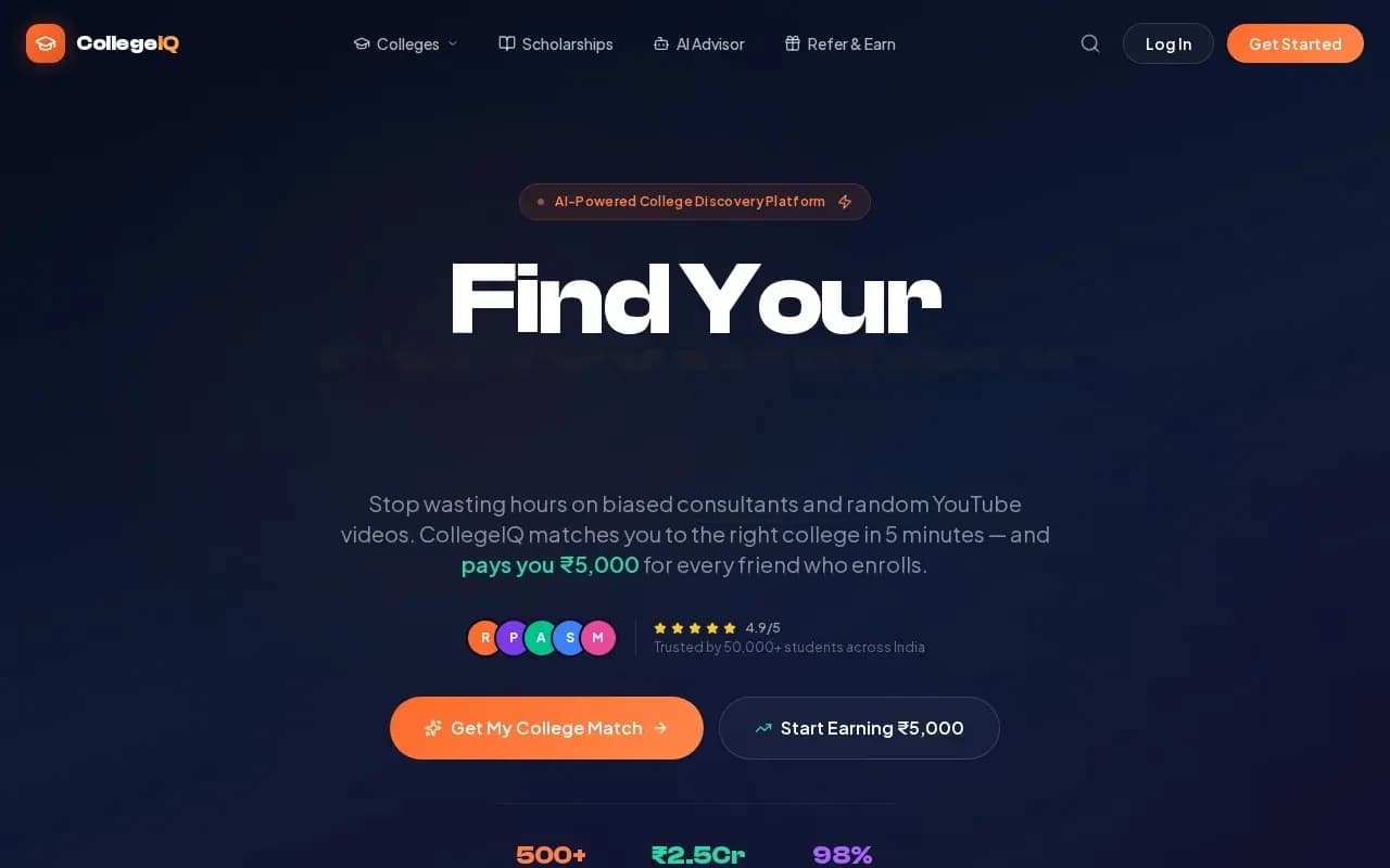 College IQ AI-driven EdTech platform marketing site screenshot